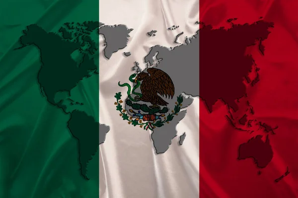 Sziluett Egy Világtérkép Selyem Nemzeti Zászló Modern Állam Mexikó Gyönyörű — Stock Fotó