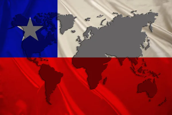 Silhueta Mapa Mundo Bandeira Nacional Seda Estado Moderno Chile Com — Fotografia de Stock
