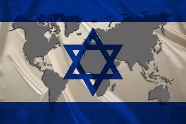 Sziluett Egy Világtérkép Selyem Nemzeti Zászló Modern Állam Izrael Gyönyörű — Stock Fotó