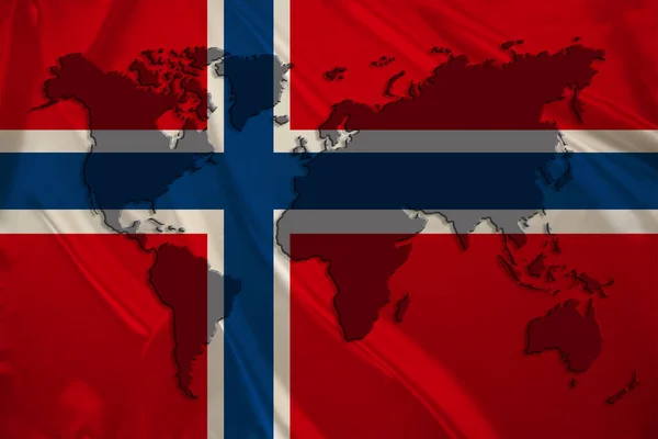 Modern Norveç Ipek Milli Bayrağında Bir Dünya Haritasının Silüeti Güzel — Stok fotoğraf