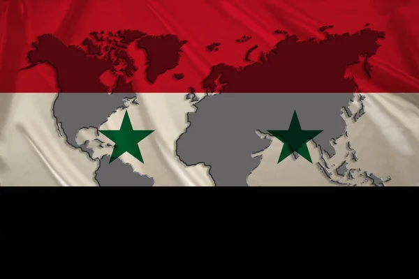 Силует Світової Мапи Шовковому Національному Прапорі Сучасної Сирії Красивими Складками — стокове фото