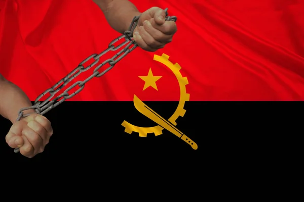 Male Hands Prisoner Iron Chains Background National Flag Angola Beautiful — Stock Photo, Image