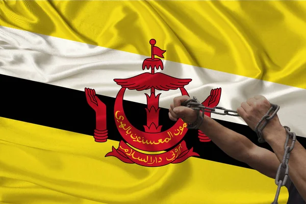 Brunei Eyaletinin Ulusal Bayrağının Arka Planına Karşı Ağır Demir Zincirler — Stok fotoğraf