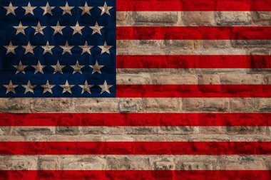 Eski bir tarihi taş duvar üzerinde modern Usa devletinin ulusal bayrağı, iş konsepti, turizm, seyahat, göç, küreselleşme