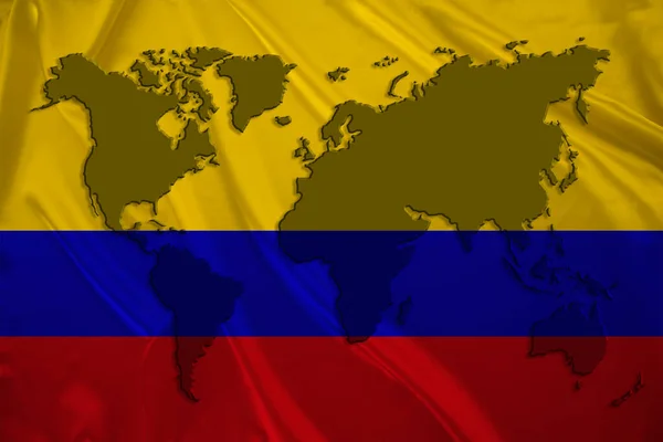 Силует Світової Мапи Шовковому Національному Прапорі Сучасної Колумбії Красивими Складками — стокове фото