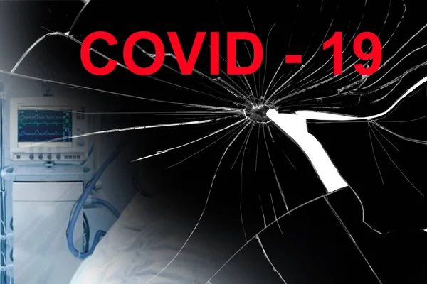 Black Broken Glass Word Covid Ventilator Sars Pandemic Concept Coronavirus — Stock Photo, Image