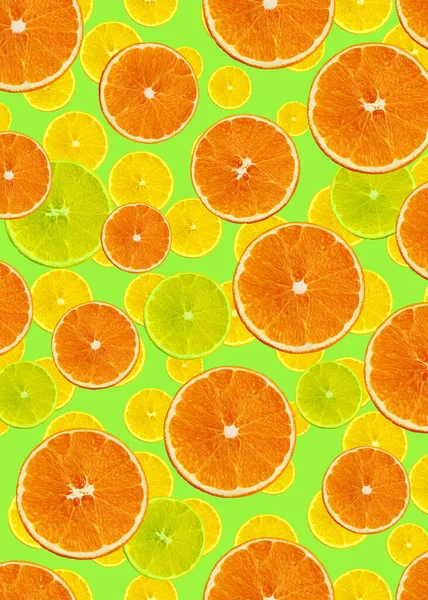 Cute Set Orange Slices Orange Lemon Citron Green Background Menu — Stock Photo, Image