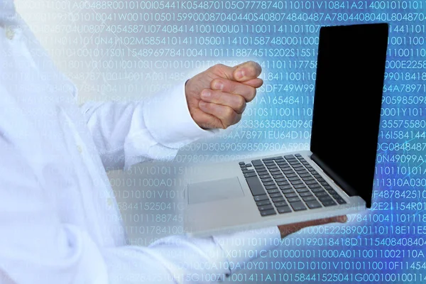 Businessman White Shirt Laptop Hand Showing Blow Monitor Concept Virtual — Stock Photo, Image
