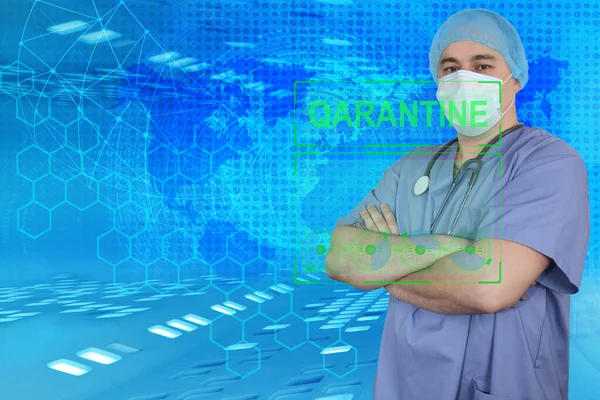 male doctor in a mask and hat crossed his arms, the word quarantine on a vitro display, the concept of the SARS virus pandemic, COVID-19, coronavirus, influenza, quarantine