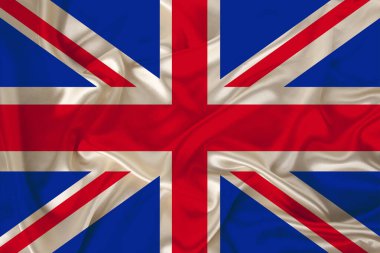 saten lüks bir doku üzerinde Büyük Britanya devletinin ulusal bayrağı nın fotoğraf, dalgalar, kıvrımlar ve vurgular ile ipek, yakın çekim, kopya alanı, illüstrasyon