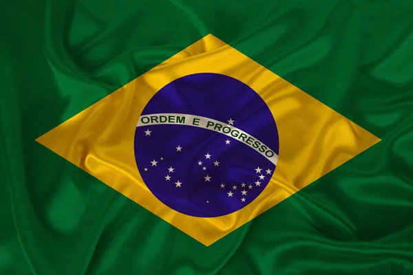 Foto Bandeira Nacional Brasil Uma Textura Luxuosa Cetim Seda Com — Fotografia de Stock