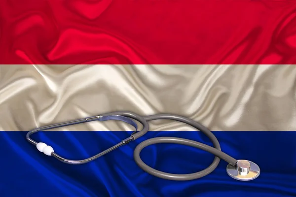 Doctors Tool Medical Stethoscope Lies Silk National Flag State Netherlands — Stock Photo, Image