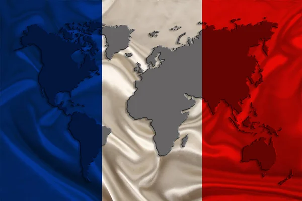 Силуэт Карты Мира Шелковом Национальном Флаге Современного Государства Франция Красивыми — стоковое фото