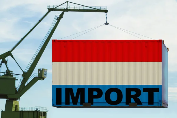 Порт Кран Тримає Контейнер Прапором Люксембургу Концепцію Міжнародної Торгівлі Судноплавства — стокове фото