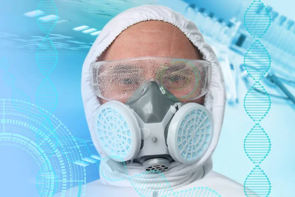 Male Doctor White Protective Suit Glasses Respirator Close Concept Biohazard — Stock Photo, Image