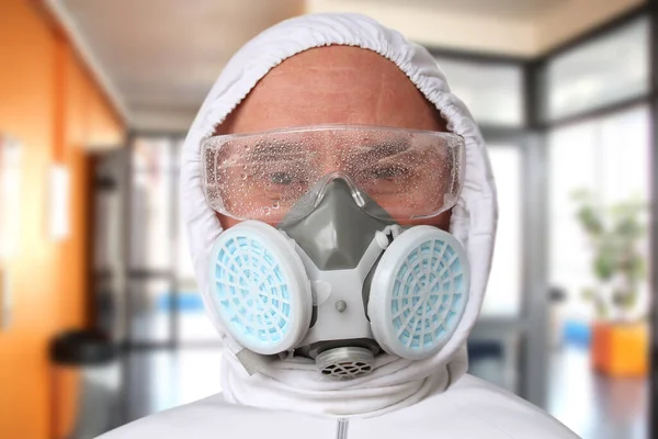 Male Doctor White Protective Suit Glasses Respirator Close Concept Biohazard — Stock Photo, Image