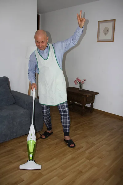 Bald Man Age Home Clothes Apron Dancing Happily Vacuum Cleaner — Stock Photo, Image