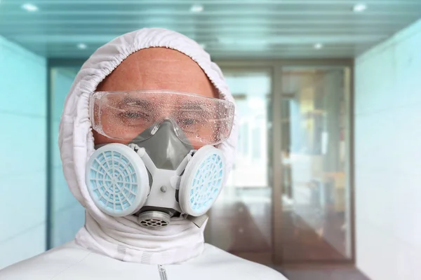 Male Doctor White Protective Suit Glasses Respirator Close Concept Biohazard — Stock Photo, Image