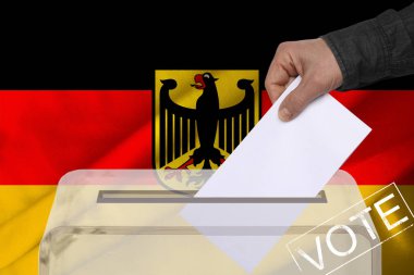 Erkek seçmen, Almanya ulusal bayrağı, devlet seçimleri ve referandum konseptine karşı şeffaf bir oy sandığını düşürüyor