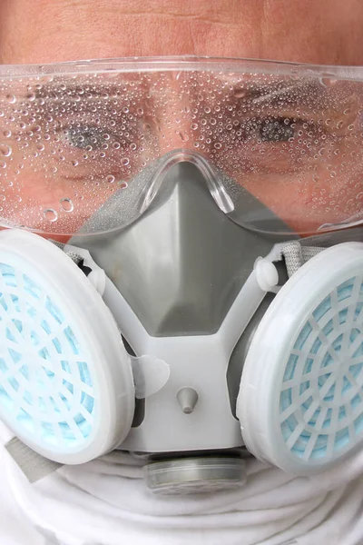 Male Doctor White Protective Suit Glasses Respirator Close Concept Biohazard — Stock Photo, Image