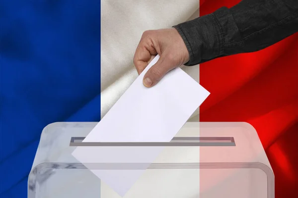 Male Voter Drops Ballot Transparent Ballot Box Background National Flag — Stock Photo, Image