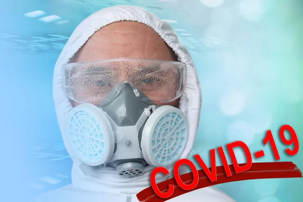 Male Doctor White Protective Suit Glasses Respirator Close Concept Biohazard — Stock Photo, Image