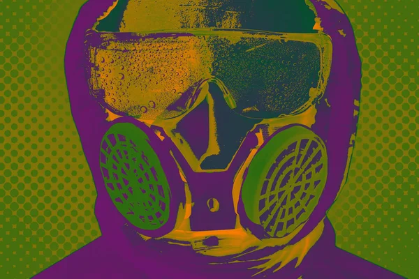 male doctor, disinfector in a protective respirator with filtering valves in pop art style, concept of protection against dust, biological, chemical weapons, coronavirus, COVID-19