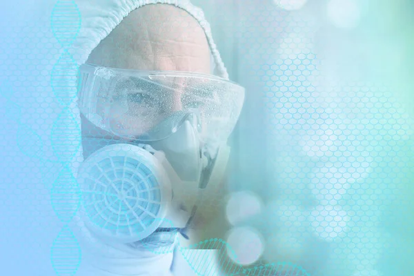 Mužský Lékař Bílém Ochranném Obleku Brýle Respirátor Zblízka Koncept Biohazardu — Stock fotografie