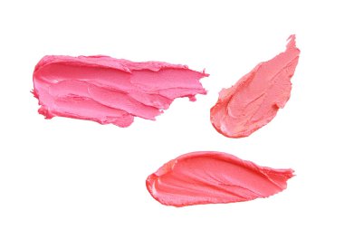 Ruj, soyut fırça darbeleri, arka plandaki inci dokuyu lekeler. Pembe, beyaz, örnek makyaj, doğal kozmetik konsepti.