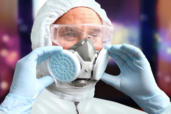 Male Doctor White Protective Suit Glasses Respirator Close Concept Biohazard — Stock Photo, Image