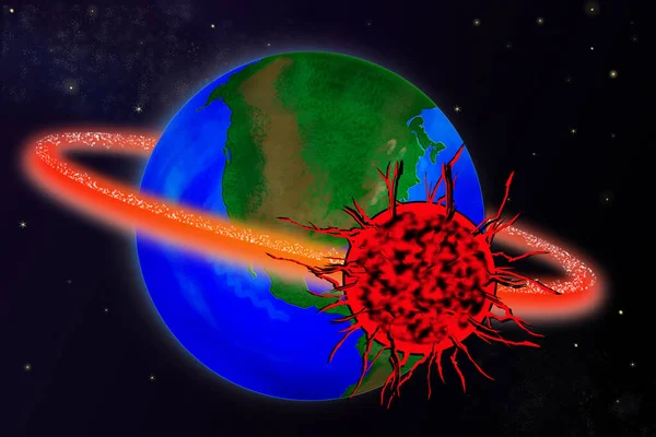 Modèle Coronavirus Orbite Autour Globe Dans Espace Concept Épidémie Pandémie — Photo