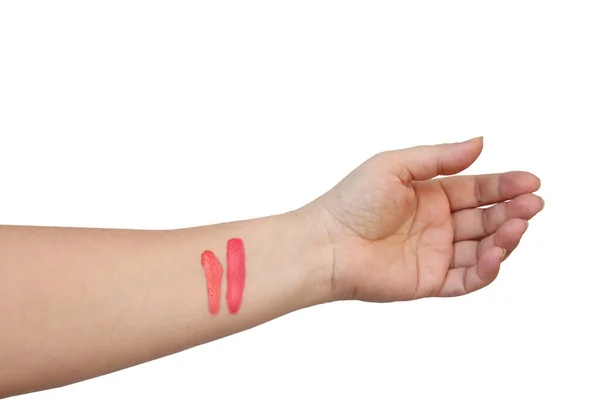 Rossetto Due Colpi Astratti Una Mano Femminile Colore Rosa Naturale — Foto Stock