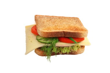 Peynirli, marullu, domatesli, salatalıklı, sosisli, dereotlu ve yeşil soğanlı iştah açıcı sandviç sağlıklı beslenme, diyet, işteki, okuldaki, öğrenci fast food 'undaki, izole edilmiş