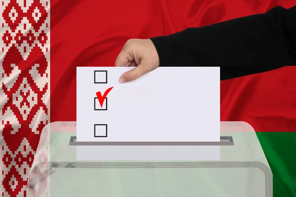 Female Voter Lowers Ballot Transparent Ballot Box Background National Flag — Stock Photo, Image