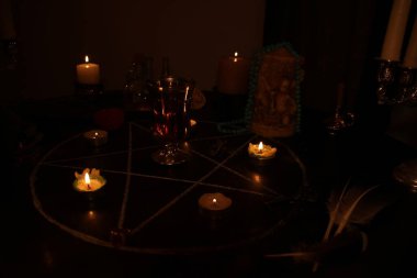 Mumlar yuvarlak bir masanın üzerindeki karanlık bir odada yakılır, hayvan kafatasları yalan söyler, bir pentagram çizilir, bir sihir ve büyücülük kavramı.