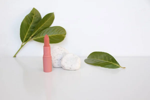 Tube Pink Lipstick Stands White Background Vibrant Green Leaves Stones — Stock Photo, Image