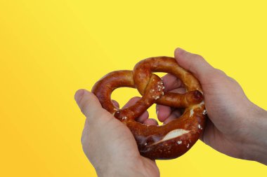 Güzel, taze pişmiş kraker, erkek eli üzerinde altın kahverengi kabuklu Alman ulusal yemeği, geleneksel Hesse mutfağı konsepti, organik gıda.