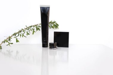 boş siyah kare toz, krem, diş macunu, beyaz zemin üzerinde yeşil bir bitki dalı, form, boş model, tasarımcı için alan, modern sunum doğal kozmetik