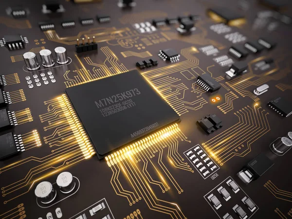 Yüksek teknoloji elektronik Pcb (baskılı devre) işlemci, mikroçipler ve parlayan dijital elektronik sinyalleri. 3D çizim