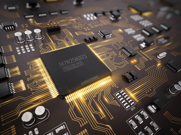 High tech electronic PCB (Printed circuit board) with processor, microchips and glowing digital electronic signals. 3d illustration