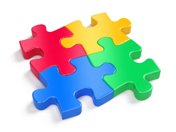 Quatro puzzles coloridos isolados em branco - conceito de parceria. Renderização 3d — Fotografia de Stock