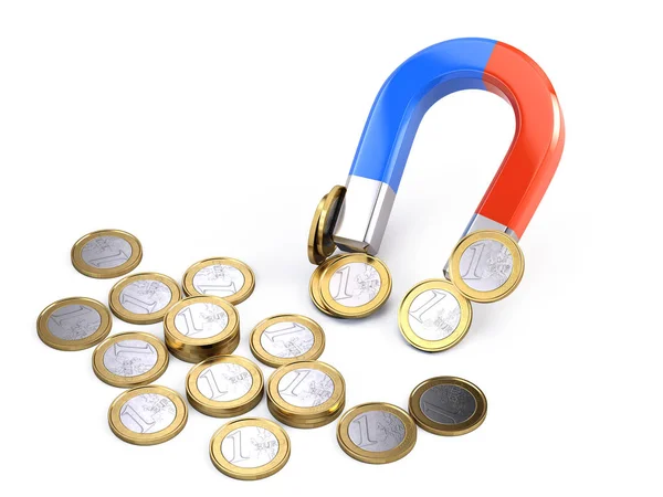 Horseshoe magnet attracts euro coins - investment concept — Stock Photo, Image