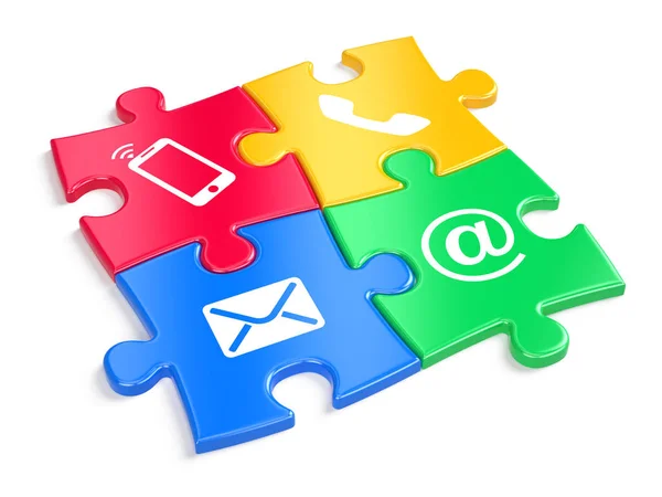 Website contact us concept - colorful puzzles witn contacts icons. 3d illustration — Stock Photo, Image