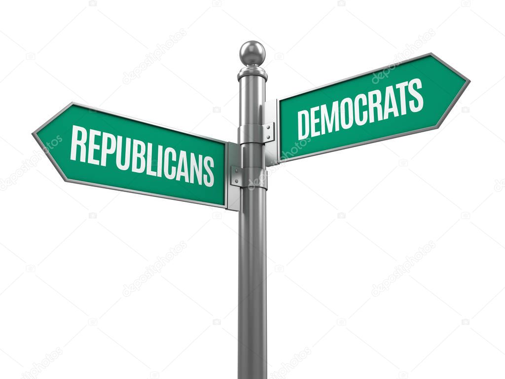Democrat and republican signpost isolated on white - 3d rendering