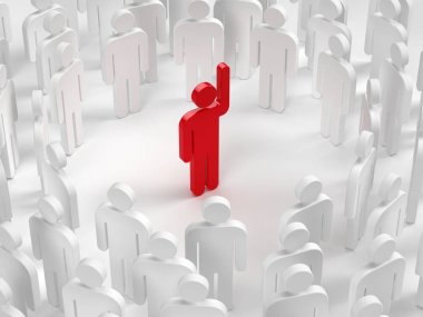 Liderlik kavramı - grup insanlar ve lideri ile elinizi kaldırın. 3D çizim