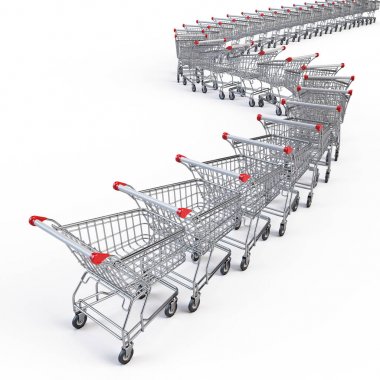 Süpermarket alışveriş sepetlerini beyaz izole. 3D render