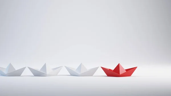 领导理念-红色领导纸船。3d 渲染 — 图库照片