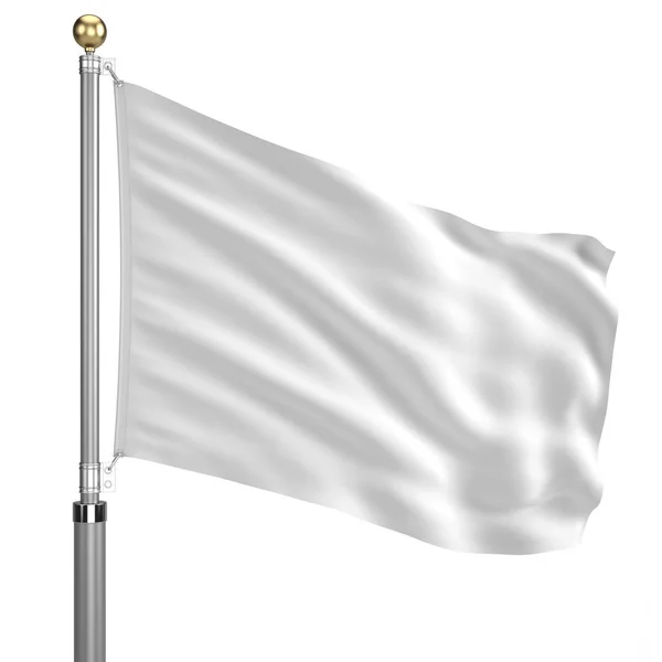 Bandeira branca no mastro de bandeira acenando no vento isolado no branco — Fotografia de Stock