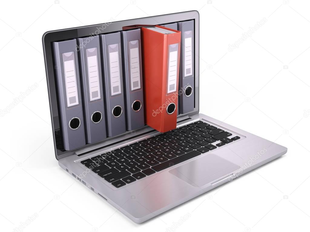 Ring binders, file folders inside the screen of laptop isolated on white. 3d render
