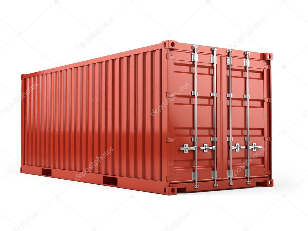Red cargo freight shipping container against a white background